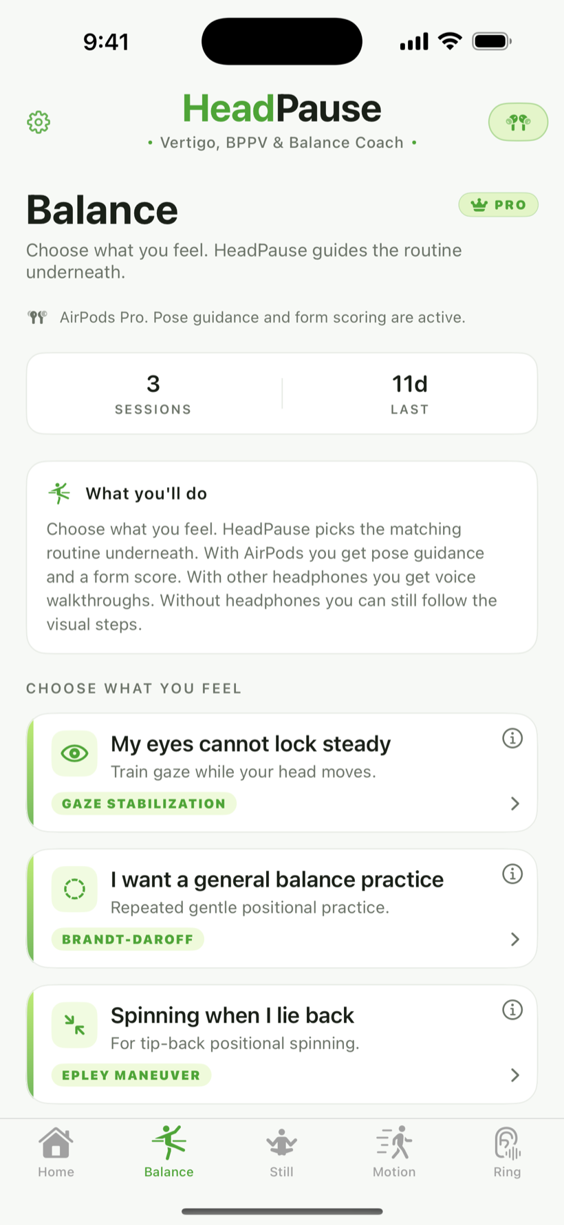 Balance tab with symptom cards leading with plain language and clinical method names underneath