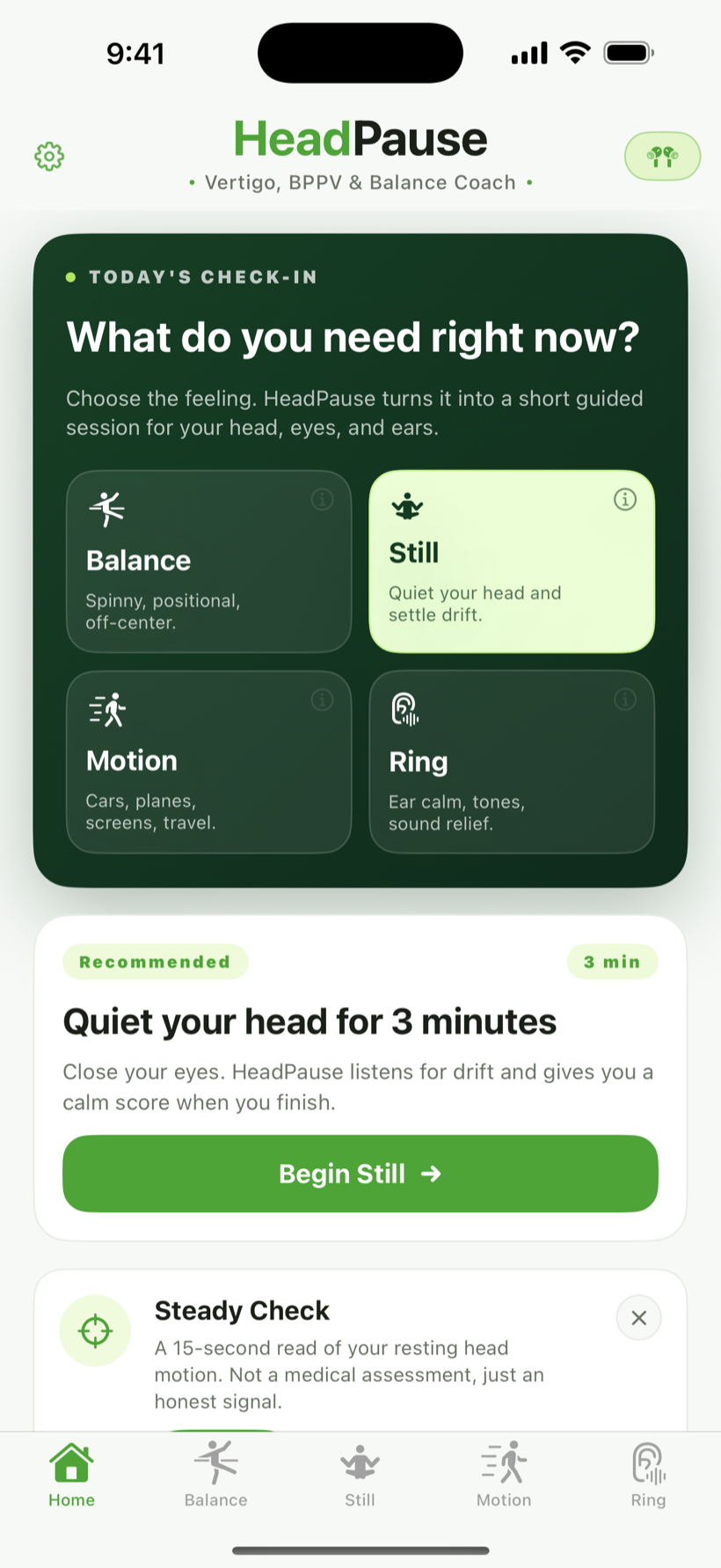 Home check-in card with four feeling tiles and a recommended Still session below