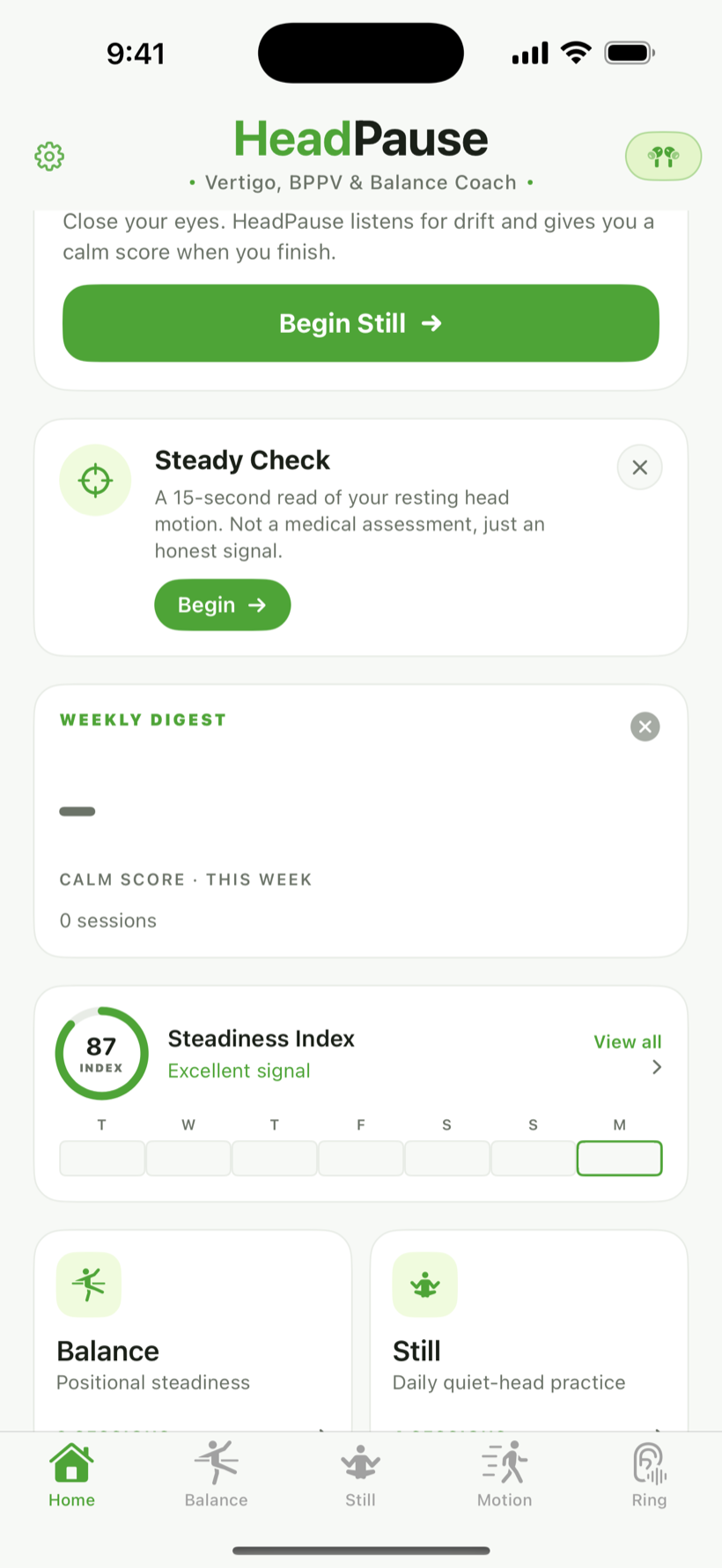 Weekly digest card on Home with this-week calm score, delta, and stats