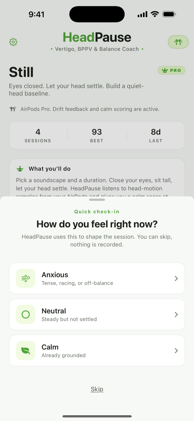 Feel-check sheet with Anxious, Neutral, Calm, and Skip