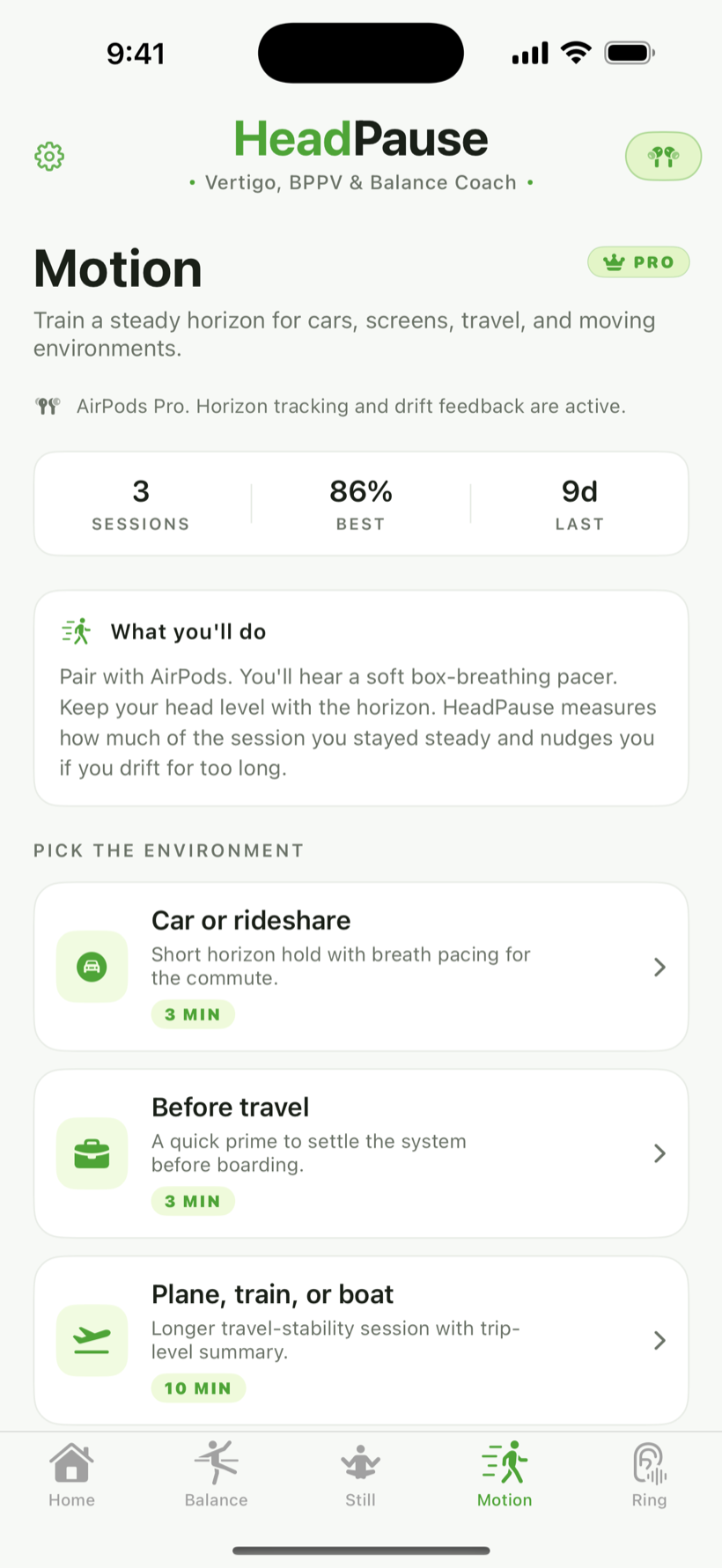 Motion tab listing five environment cards with durations