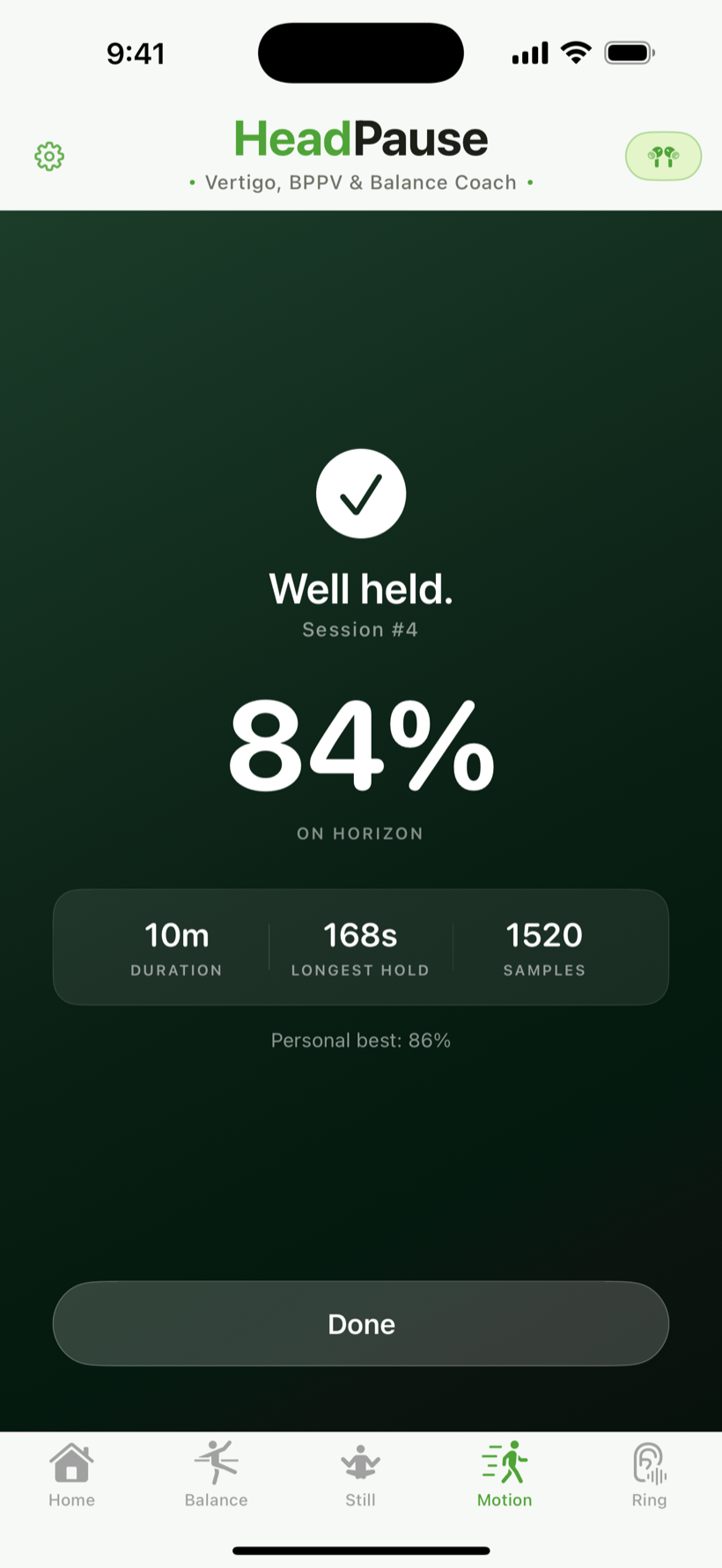 Motion recap with horizon-hold percentage and longest steady run