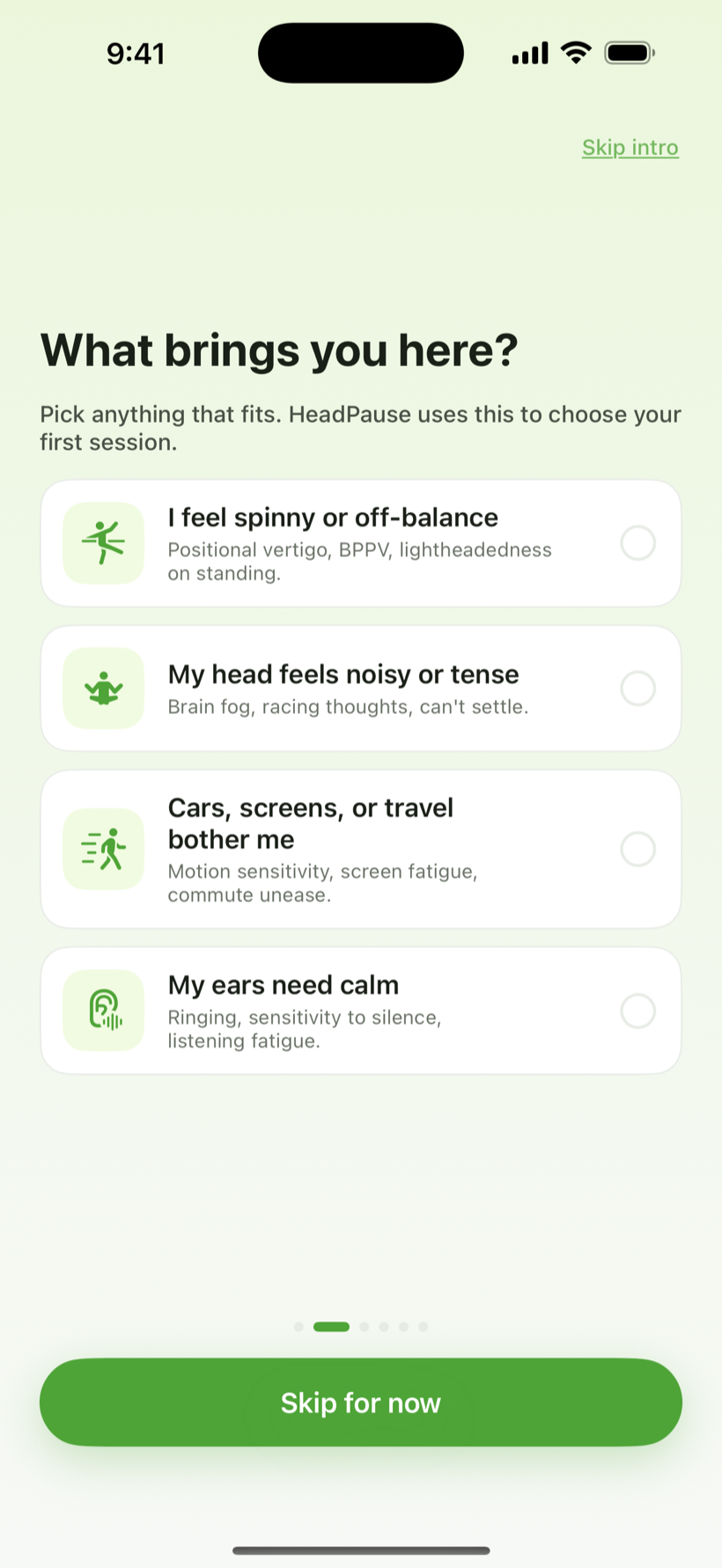 Needs picker with four feeling cards: spinny, noisy head, travel bother, ears need calm