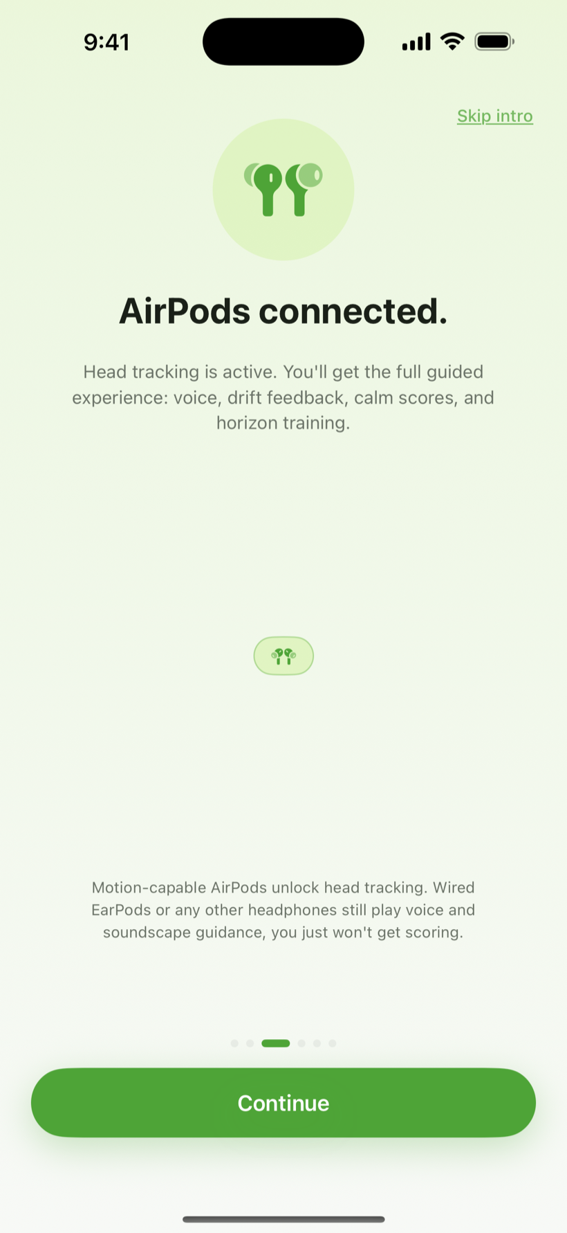 Headphones page showing AirPods connected with head tracking active