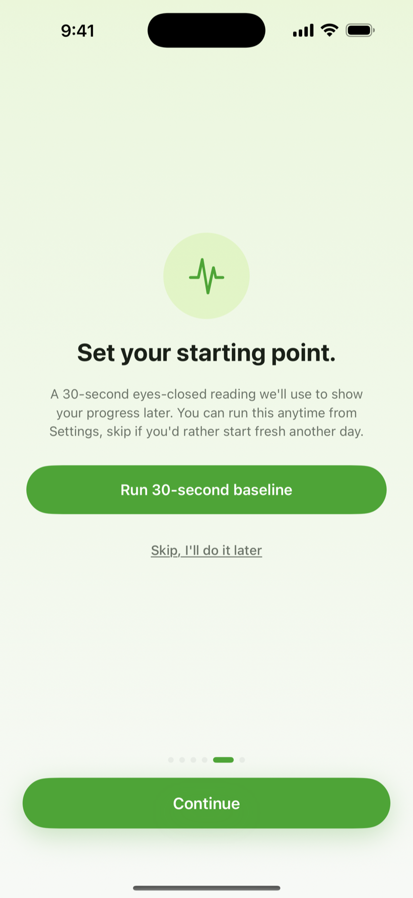 Set your starting point card with Run 30-second baseline and Skip options