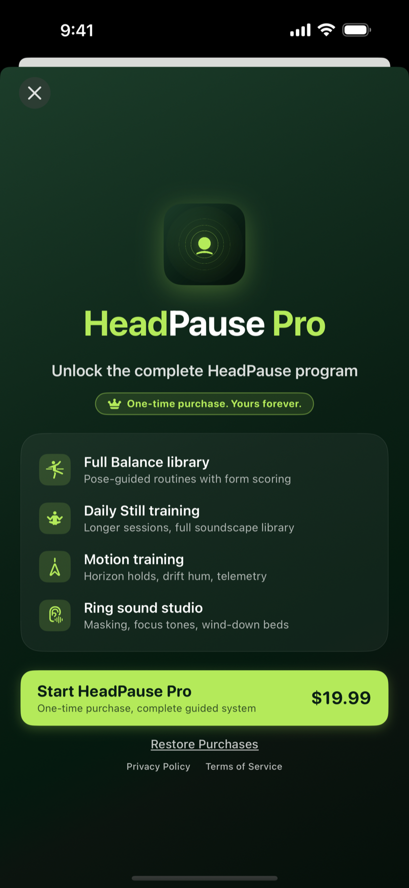 Pro paywall with feature rows and one-time purchase badge at $4.99