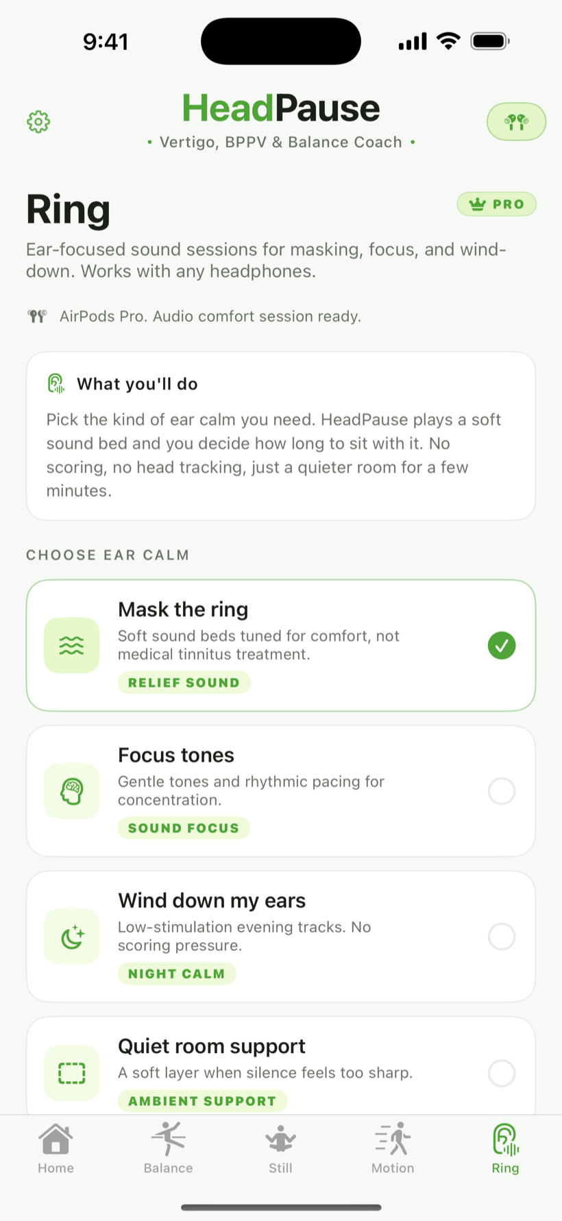 Ring tab with four ear-calm intent cards: mask, focus, wind down, quiet room