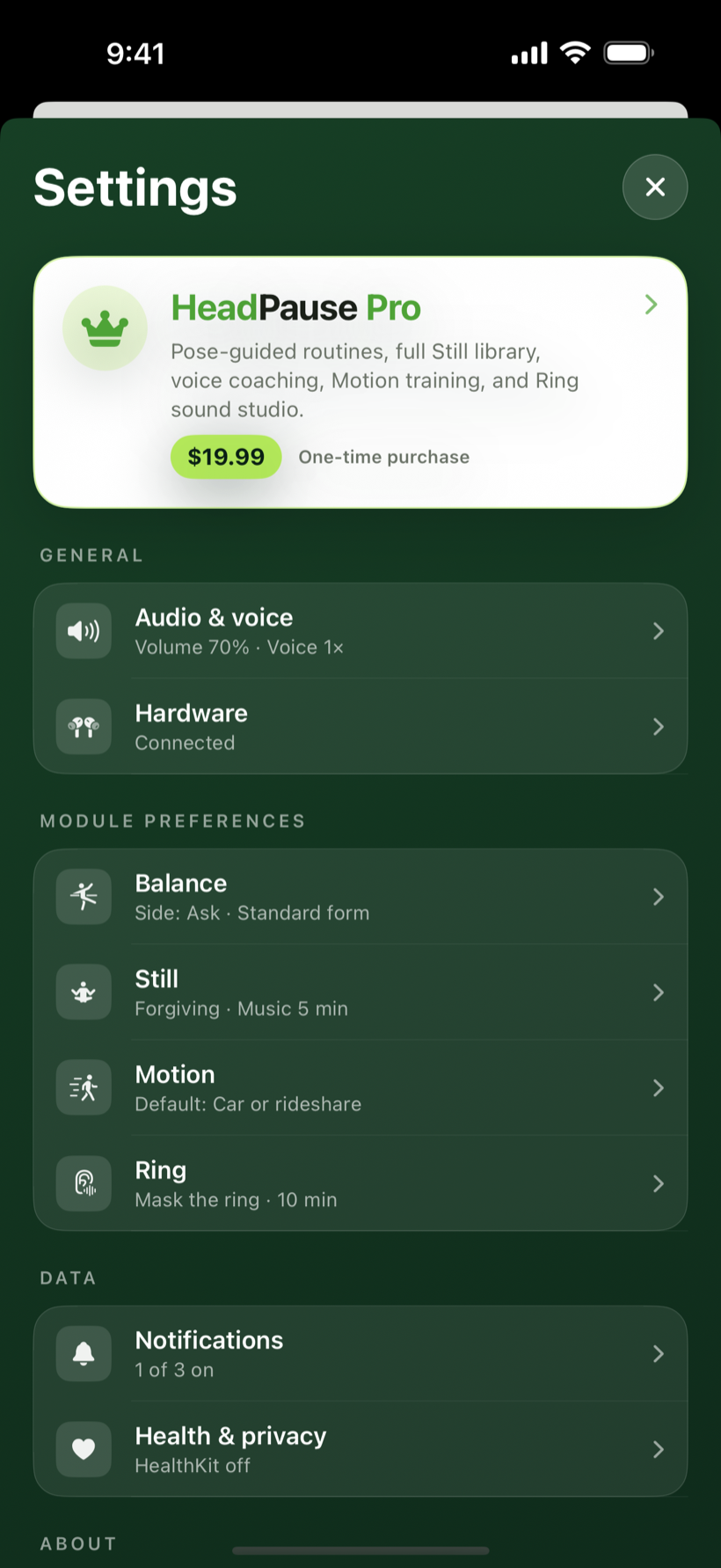 Settings hub with Unlock HeadPause Pro hero card showing $4.99 one-time purchase
