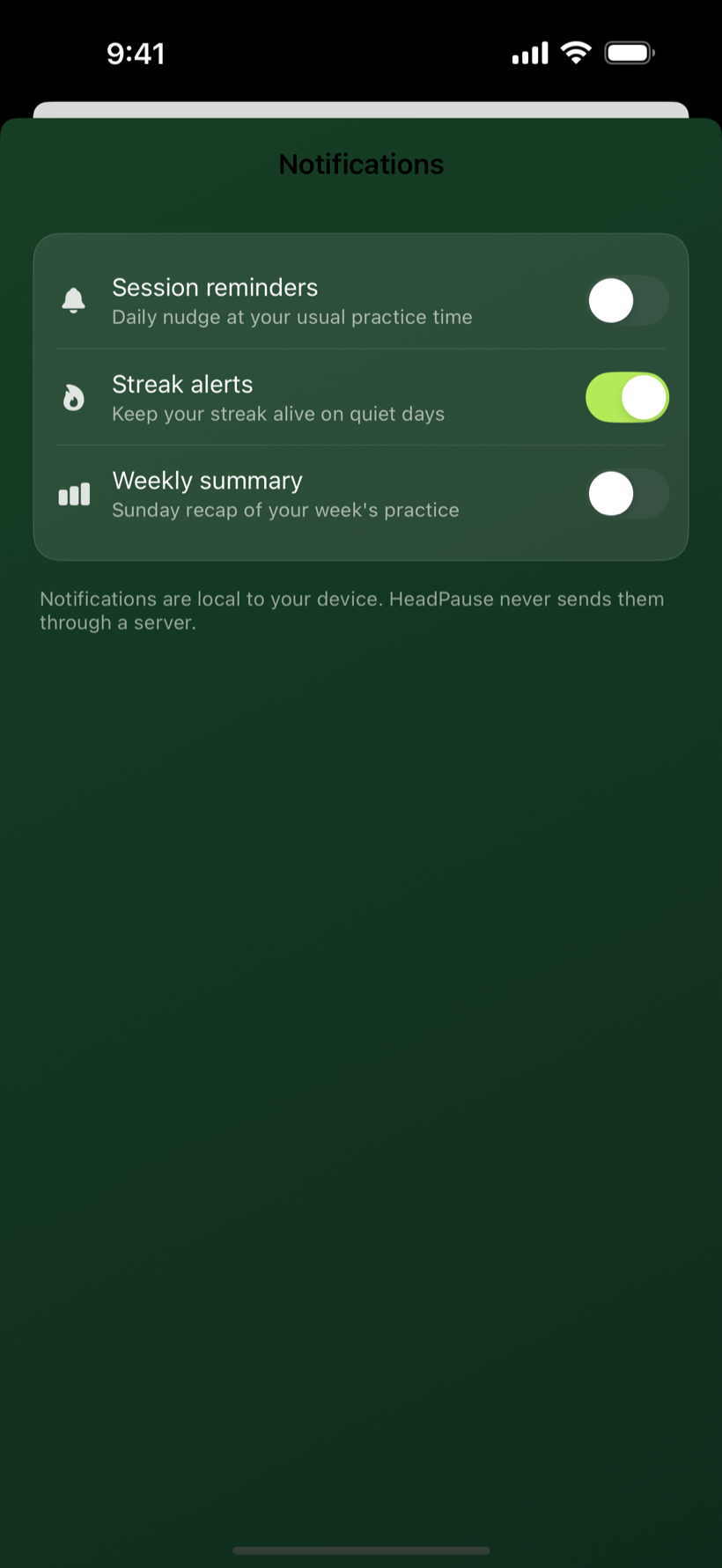 Settings notifications panel with three toggles for session reminders, streak alerts, and weekly summary
