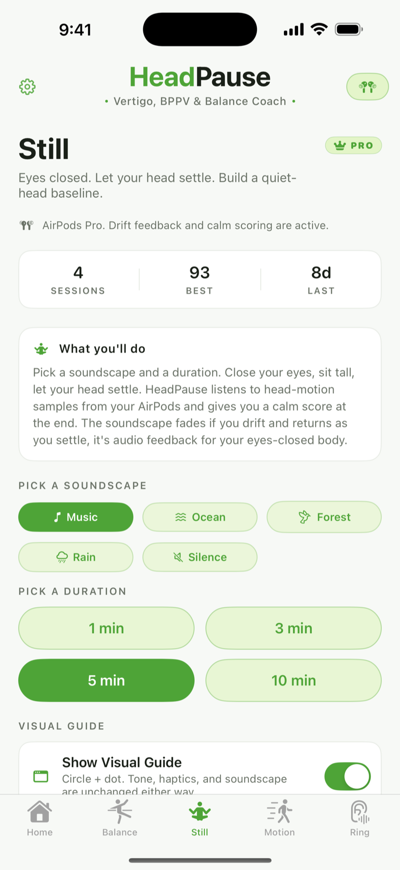 Still picker with five soundscape pills and four duration tiles