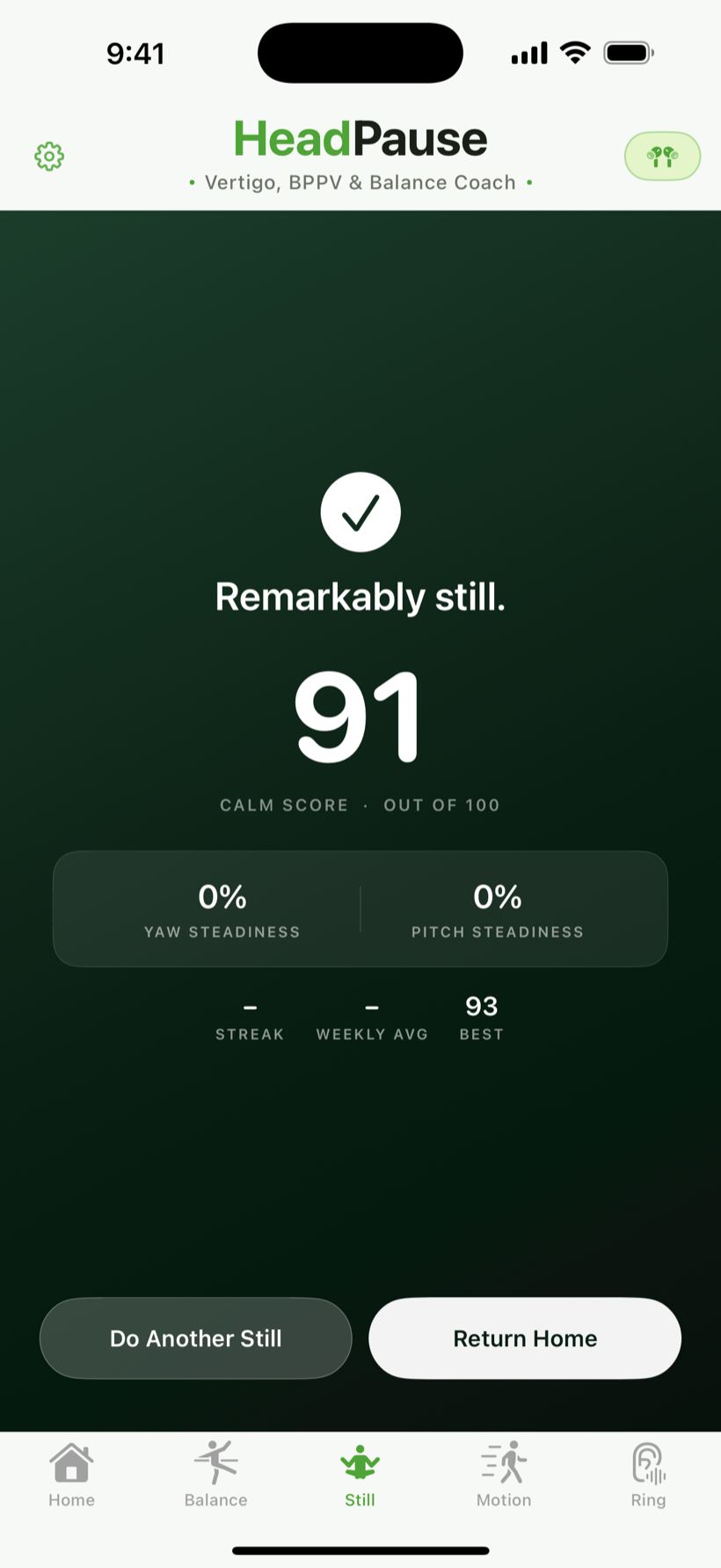 Still recap with calm score, yaw and pitch breakdown, and streak chip