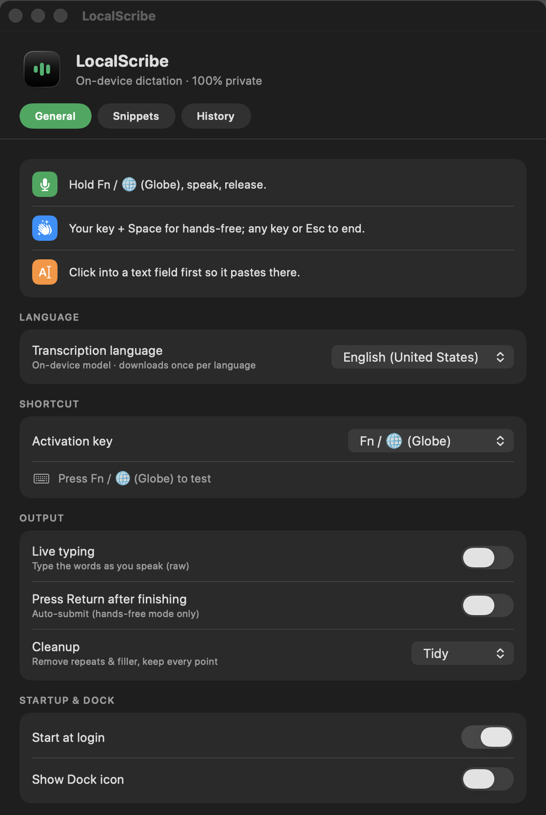 LocalScribe Settings General panel showing shortcut picker, language selector, live typing toggle, cleanup mode set to Tidy, and start-at-login options.