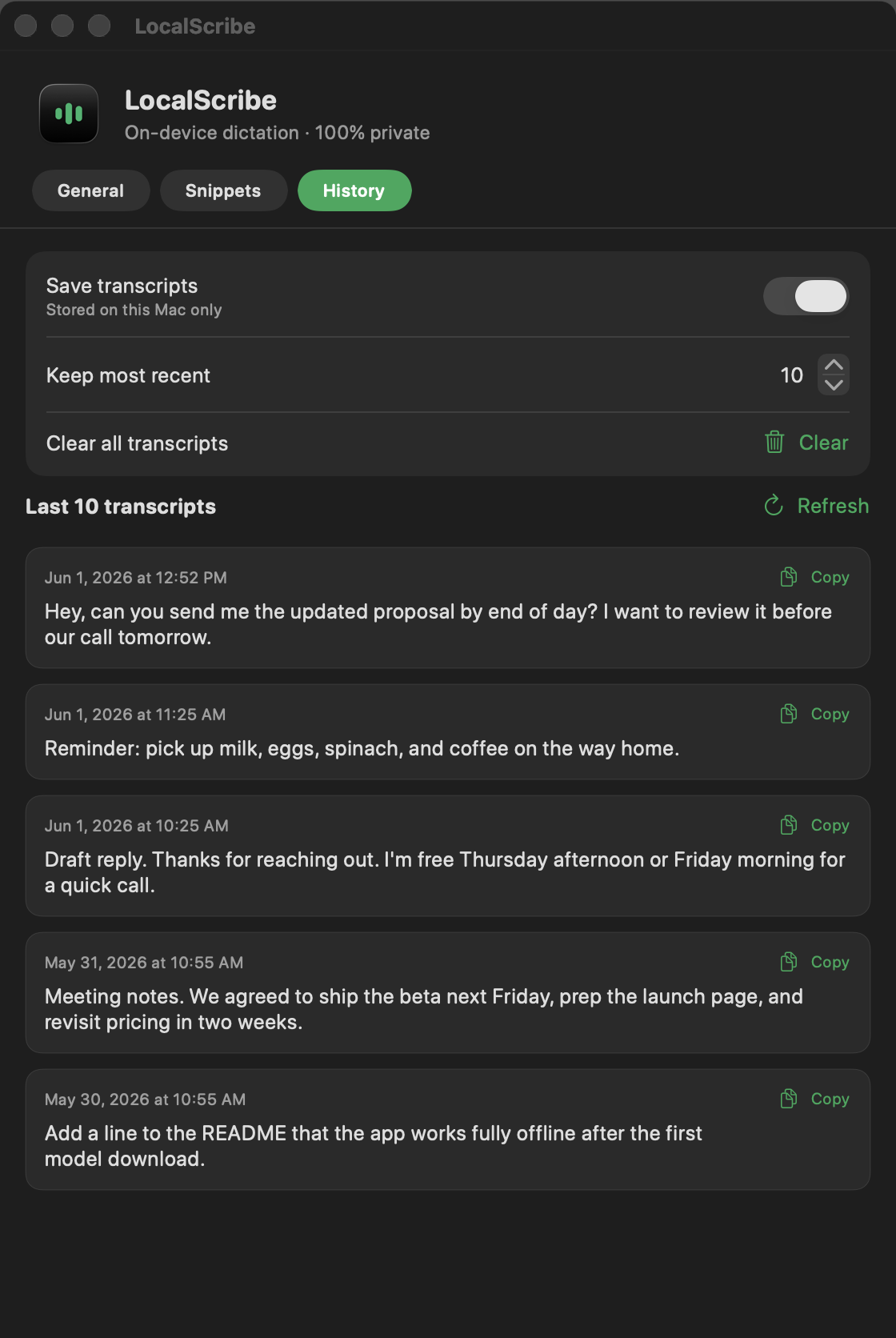 LocalScribe Settings History panel showing a save transcripts toggle, retention count, clear all, and a list of copyable recent transcripts with dates.
