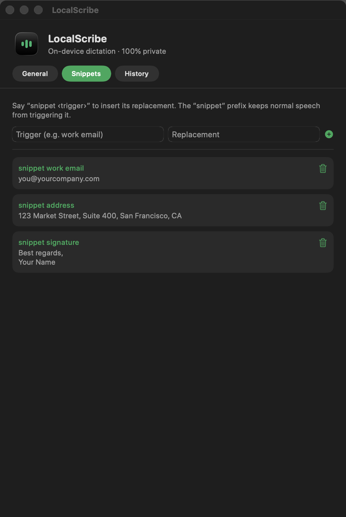 LocalScribe Settings Snippets panel showing saved trigger-to-text expansions like snippet work email and snippet address.