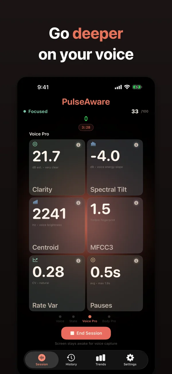 PulseAware Voice Pro page showing advanced voice metrics including clarity, spectral tilt, centroid, and MFCC3.