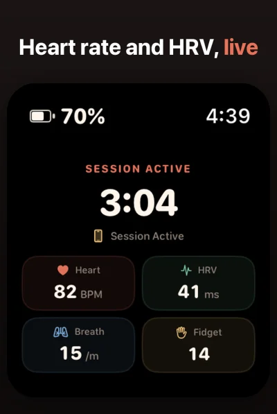 PulseAware on Apple Watch during a Session showing elapsed time, heart rate, HRV, breathing, and fidget.